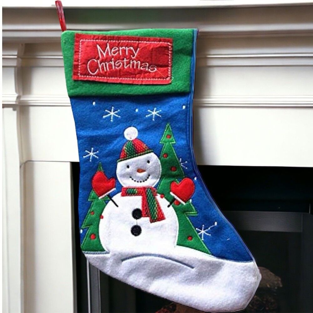 Merry Christmas Snowman Stocking Felt 18” Hanging Holiday Decor Green Blue